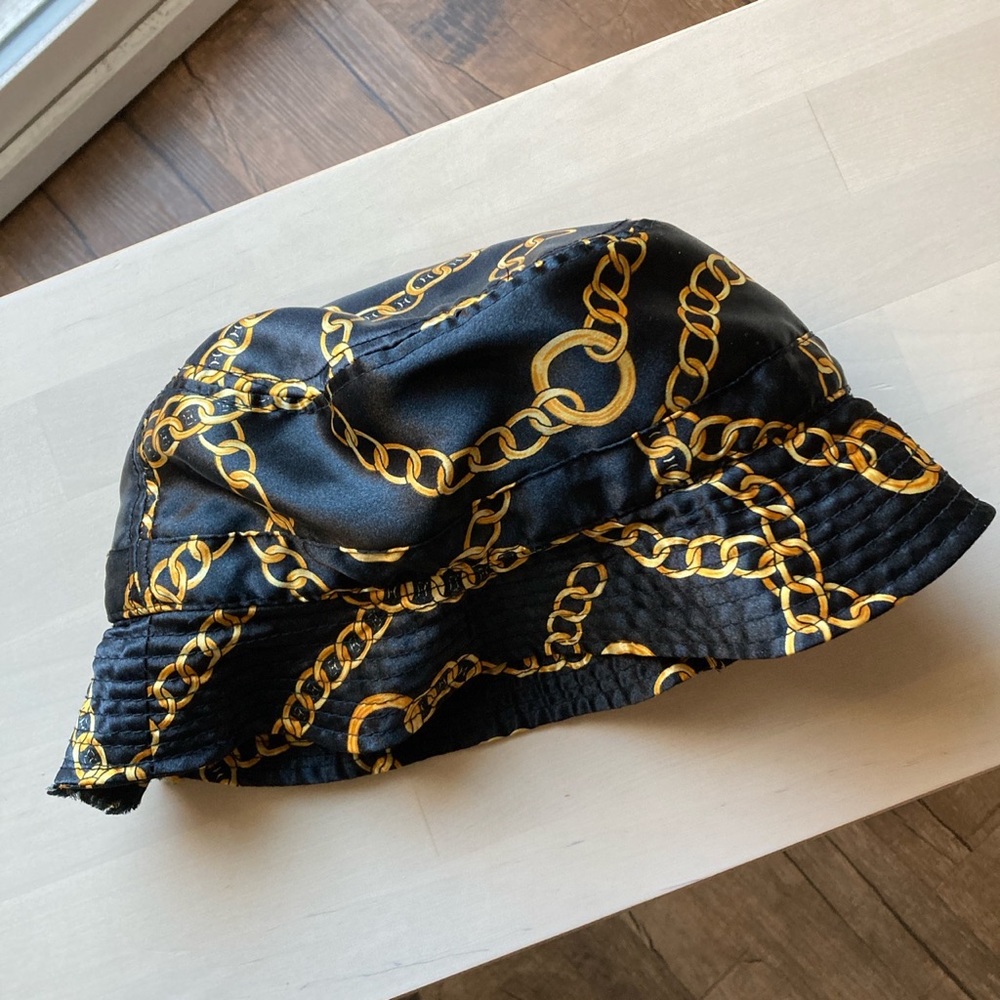 Black Satin Gold Chain Print Bucket Hat